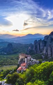 Preview wallpaper castle, rocks, valley, trees, distance