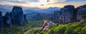 Preview wallpaper castle, rocks, valley, trees, distance