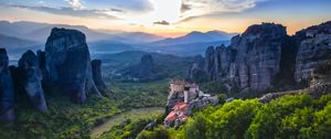 Preview wallpaper castle, rocks, valley, trees, distance