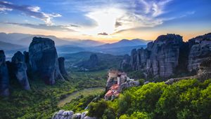 Preview wallpaper castle, rocks, valley, trees, distance