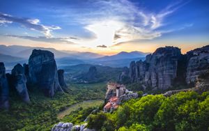 Preview wallpaper castle, rocks, valley, trees, distance