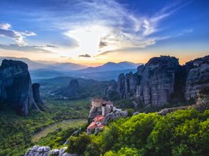 Preview wallpaper castle, rocks, valley, trees, distance