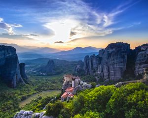 Preview wallpaper castle, rocks, valley, trees, distance