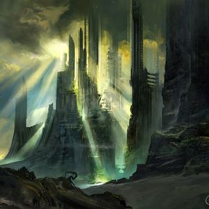 Preview wallpaper castle, ruins, light, glow, art