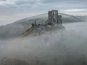 Preview wallpaper castle, ruins, mountain, fog