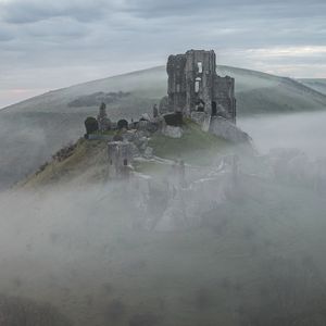 Preview wallpaper castle, ruins, mountain, fog