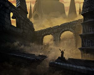 Preview wallpaper castle, ruins, smoke, art