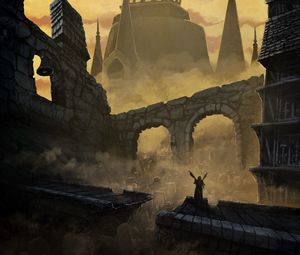 Preview wallpaper castle, ruins, smoke, art