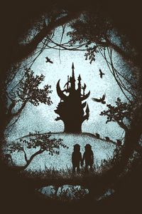 Preview wallpaper castle, silhouettes, gloomy, art, forest