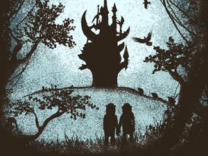 Preview wallpaper castle, silhouettes, gloomy, art, forest