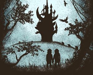 Preview wallpaper castle, silhouettes, gloomy, art, forest