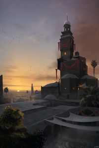 Preview wallpaper castle, tower, architecture, sunset, art