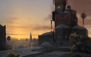 Preview wallpaper castle, tower, architecture, sunset, art