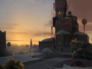 Preview wallpaper castle, tower, architecture, sunset, art