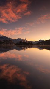 Preview wallpaper castle, tower, mountains, lake, reflection