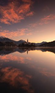 Preview wallpaper castle, tower, mountains, lake, reflection