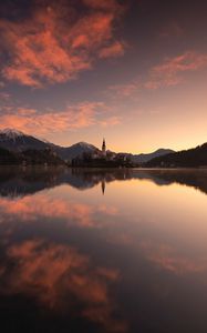 Preview wallpaper castle, tower, mountains, lake, reflection