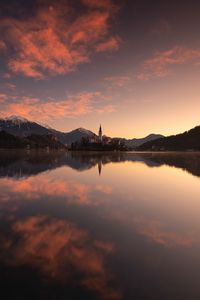 Preview wallpaper castle, tower, mountains, lake, reflection