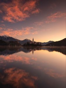 Preview wallpaper castle, tower, mountains, lake, reflection