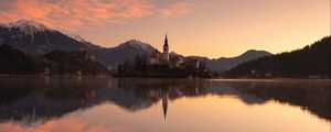 Preview wallpaper castle, tower, mountains, lake, reflection