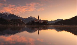 Preview wallpaper castle, tower, mountains, lake, reflection