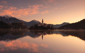 Preview wallpaper castle, tower, mountains, lake, reflection