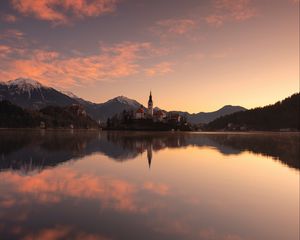 Preview wallpaper castle, tower, mountains, lake, reflection