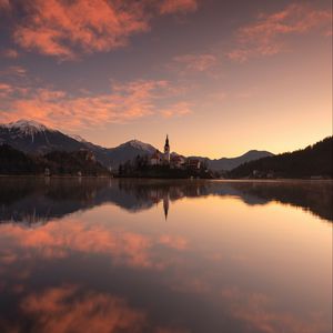 Preview wallpaper castle, tower, mountains, lake, reflection