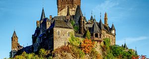 Preview wallpaper castle, towers, architecture, trees, landscape