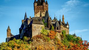 Preview wallpaper castle, towers, architecture, trees, landscape