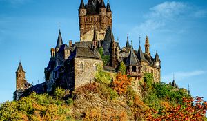 Preview wallpaper castle, towers, architecture, trees, landscape