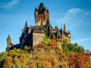 Preview wallpaper castle, towers, architecture, trees, landscape