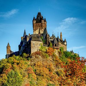 Preview wallpaper castle, towers, architecture, trees, landscape