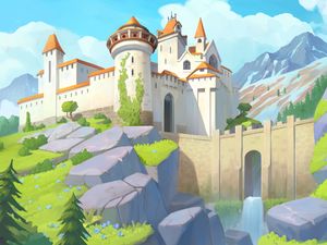Preview wallpaper castle, towers, architecture, mountains, art