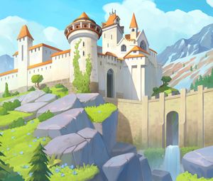 Preview wallpaper castle, towers, architecture, mountains, art