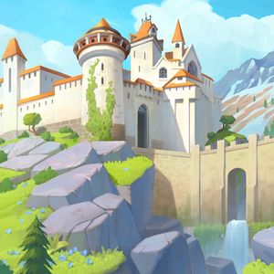 Preview wallpaper castle, towers, architecture, mountains, art