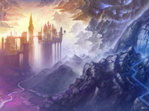 Preview wallpaper castle, towers, clouds, art, fantasy