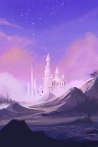 Preview wallpaper castle, towers, clouds, art, purple