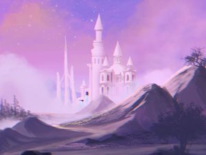 Preview wallpaper castle, towers, clouds, art, purple