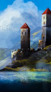 Preview wallpaper castle, towers, mountains, river, art