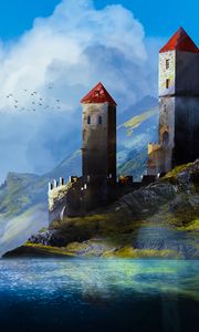 Preview wallpaper castle, towers, mountains, river, art