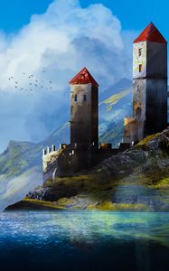 Preview wallpaper castle, towers, mountains, river, art