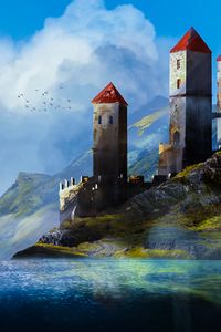 Preview wallpaper castle, towers, mountains, river, art