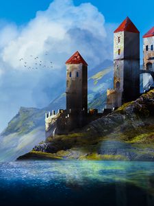 Preview wallpaper castle, towers, mountains, river, art