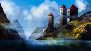 Preview wallpaper castle, towers, mountains, river, art