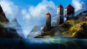Preview wallpaper castle, towers, mountains, river, art