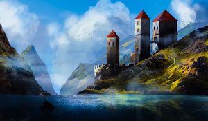 Preview wallpaper castle, towers, mountains, river, art