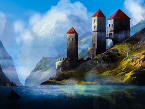 Preview wallpaper castle, towers, mountains, river, art