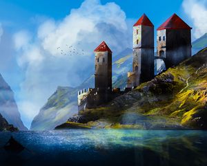 Preview wallpaper castle, towers, mountains, river, art