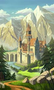 Preview wallpaper castle, towers, mountains, bridge, art